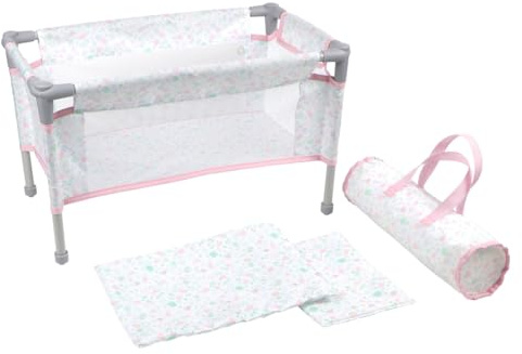 JC Toys Berenguer Boutique Reise-Kinderbett, zusammenklappbar, Laufgitter mit Zubehör, rosa Blumen-Kollektion, für Puppen bis 45,7 cm, ab 3 Jahren