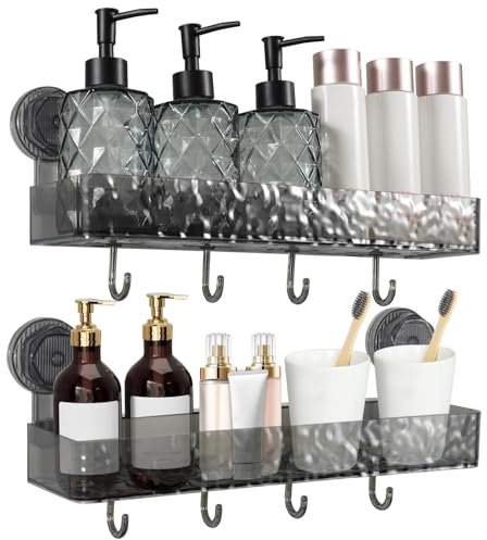 Votoko Étagère Salle de Bain, Lot de 2 Étagères de Douche Sans Perçage avec 4 Ventouses et 8 Crochets, Étagère Murale Salle de Bain pour Salle de Bain et Cuisine(Gris)