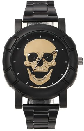 LIWEARE Totenkopf Herrenuhr mit Edelstahl Band - Analog Quarz Armbanduhr Steampunk Totenkopf Schädel Armband Uhr Armreif Schmuckset für Herren Männer (Goldener Schädel)