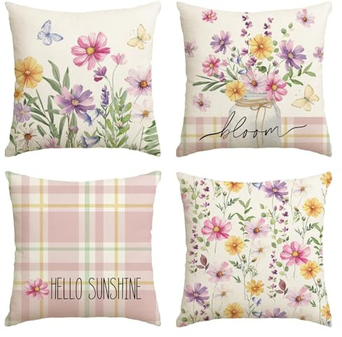 Artoid Mode Blumen Vase Blätter Frühling Kissenbezüge 4er Set, 40x40 cm Sommer Strifen Tupfen Sunshine Zierkissenbezug Couch Wohnzimmer Deko