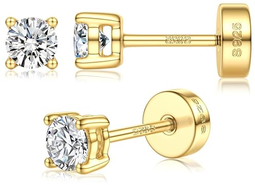 Moissanit Ohrringe, 925 Sterling Silber Ohrstecker, 2-5MM 14K vergoldete Ohrstecker, VVS1 D Farbe simulierte Diamanten, flache Rückseite, hypoallergenes Schmuck Geschenk, Gold, 4 mm (0,3 ct)