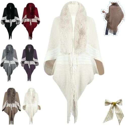 Générique Women's Loose Permitime Shawl,Thick Knitting Striped Faux Fur Collar Cape,Open Front Batwing Sleeve Fringe Poncho Knit Cloak