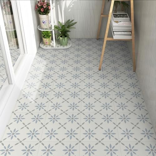 Floor Tiles Self Adhesive, Peel and Stick Floor Tiles, Vinyl Flooring for Kitchen Bathroom Living Room Corridors Waterproof Blue and White 30X30cm 10pcs
