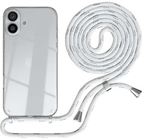 EAZY CASE Handykette kompatibel mit iPhone 16 Plus Handyhülle mit Umhängeband, Handykordel mit Schutzhülle, Silikonhülle, Hülle mit Band, Stylische Kette für Smartphones, Weiß/Silber