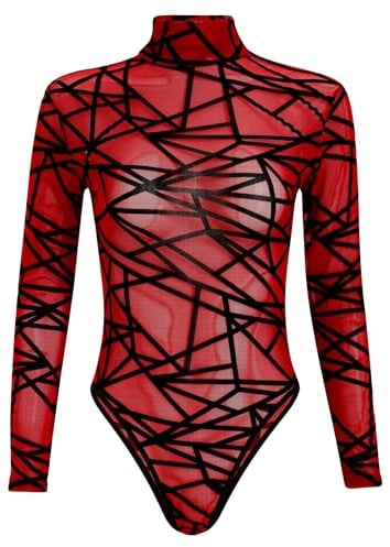 ABEHIK Durchsichtiges Oberteil Damen Sexy Rave Body f�r Musikfestival Hochgeschlossener Disco Party Outfit Pole Dance Nezt Blusebody T-Shirt rot S