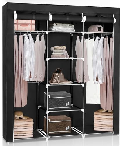 JUPPLIES Armario de Tela Portátil con Estanterías y Bolsillos Laterales 45x130x167 cm – Armario de Dormitorio Plegable y Ligero con Barras para Colgar Ropa – Montaje Fácil sin Herramientas (S)