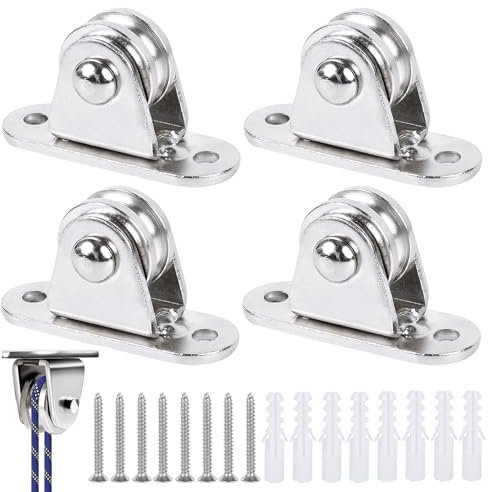 4 Stück Metall Umlenkrollen, Stehblock Flaschenzug, Umlenkrolle mit Duplex-Lager, Seilrolle mit Kugellagern, Mit 8 Schrauben und 8 weißen Kunststoffhülsen für Wäscheleine, Fitness