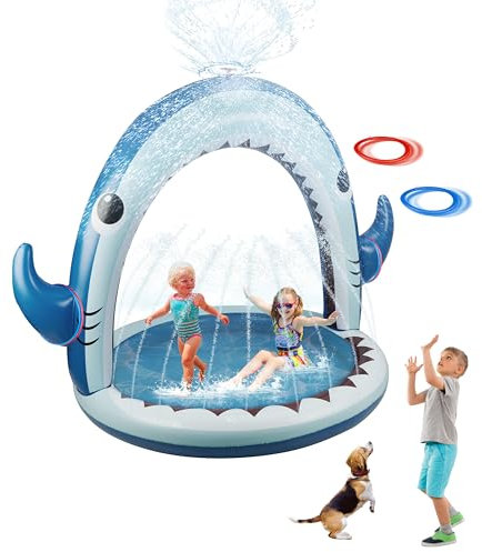 Gleamkid Sprinkler für Kinder, 4-in-1 aufblasbares Hai-Wasserspielzeug für Jungen und Mädchen, Sommer Outdoor-Spiel mit 4-Ring-Wurf, Garten-Wassersprinkler-Sprühspielzeug, tolles Geschenk für Kinder