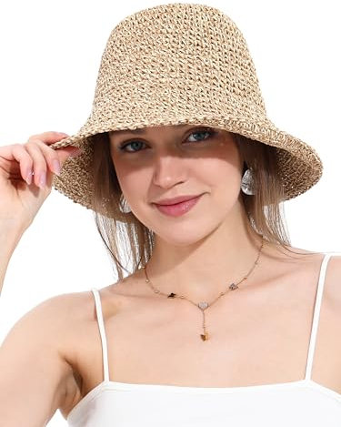 Chapeau de Soleil Femme en Paille Tressée Large Bord Reversible Plage Bob Pliable Été Voyage Protection UV UPF50+(Beige et café)