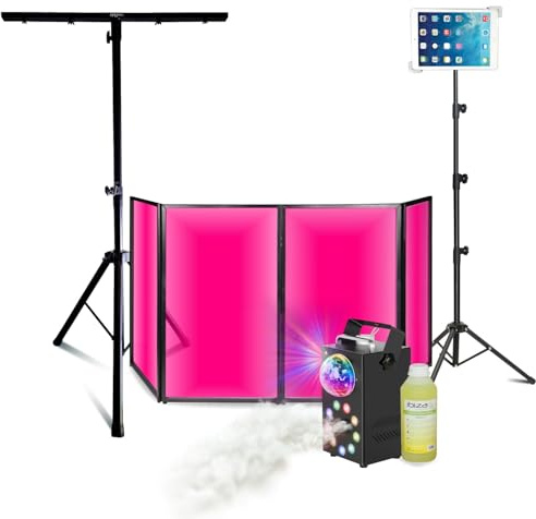 Ibiza - Lichtpaket DJ Lycra weiß 1200 x 700 – Nebelmaschine LED – Standfuß Mooving – Stativ Halterung Tablet – Sono Abend