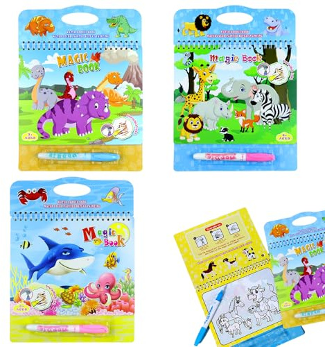 ShnminEU 3er Set Magisches Wasser-Malbuch für Kinder – Wiederverwendbare Malbücher mit 3 Wasserstiften & praktischem Tragegriff – Kreativer Malspaß ohne Flecken