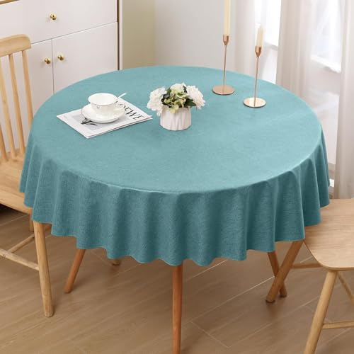 smiry Round Table Cloth Wipe Clean 150 cm, Teal | Wipeable Water Resistant Linen Tablecloth, Fabric Washable Dining Table Cover for Kitchen Indoor Outdoor