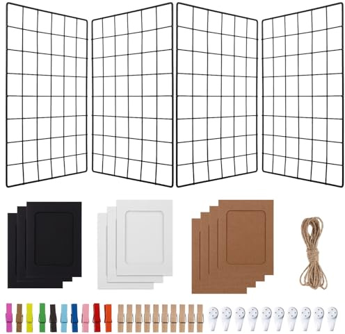 Lnrueg 4 PCS Wire Wall Grid Panels, 15.7×11.8 Wall Grid Shelves for Photo Display, with Photo Frames, Clips, Hooks, and Hemp Rope, Wall Hanging Display Grid Holders for Art Retail Display (Black-A)