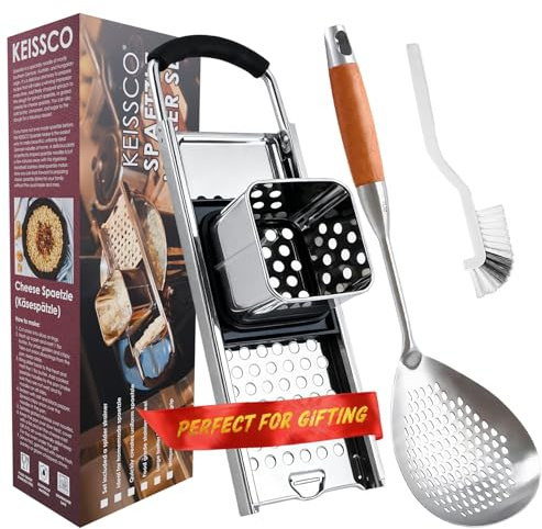 Premium Grade Stainless Steel Spaetzle Maker with Comfort Grip Handle, Spider Strainer Skimmer Slotted Spoon Pasta Strainer, Homemade Traditional German Egg Noodle Dumpling Making Tool Set, Gift Box