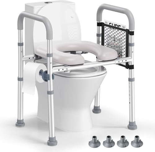 Toilettensitzerhöhung mit Armlehnen, Toilettensitzerhöher mit Gepolsterte Sitz und Aluminiumrahmen, Einstellbarer Höhe und Breite, Toilettenaufsatz für Senioren für jede Toilette, Belastbar bis 150kg