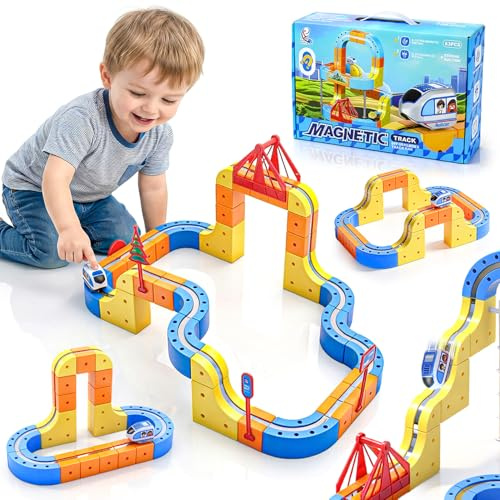 FOTSHARER Elektrisches Eisenbahnset 3D-Flexible Rennbahn, 83-teilige, magnetische Autorennbahn, USB-Aufladbar, Flexibles DIY Gleis Set, STEM Geschenk für Jungen Kinder ab 3 4 5 6 Jahre