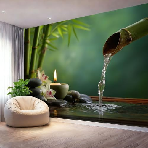 Panorama Carta da Parati Murale 300 x 210 cm, Stile Zen Foresta Di Bambù Orchidea Pietra Carta da Parati Fotografica Colorato Murale Adesivo da Parete Poster Effetto 3D Decorazione Soggiorno
