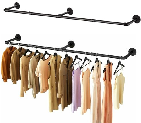 TOTEBOX 2PCS Long Pipe Clothes Rail for Wall, Set of 2 Heavy Duty Iron Pipe Garment Rack, 184cm Clothing Hanging Rail for Bedroom Shop