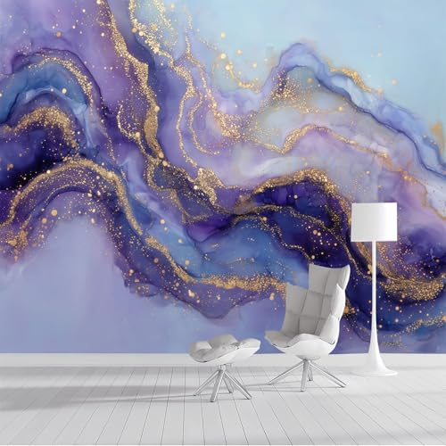 SMBHIAON Papier Peint Panoramique 3D Texture De Ligne Dorée 450×315 Cm, Revêtement Décoration Murale Salon Peinture En Marbre Violet,Décoration Xxl Murale Non Tissé Chambre Tv Mur