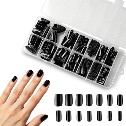 280 Pcs Square Black Press on Nails, Short Square Press on Nails, Full Cover Black False Nail Easy Application for Beginners DIY