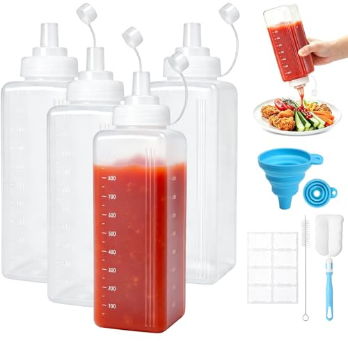 COEWUR 4 Pk 1000ml Squeeze Sauce Bottle with Nozzles,Square Syrup Dispenser