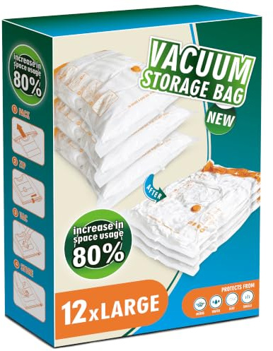 Storage Master Space Saver Bags for Travel and Home Reusable Vacuum Storage Bags Save 80% More Storage Space (12 Large, No Pump Included)