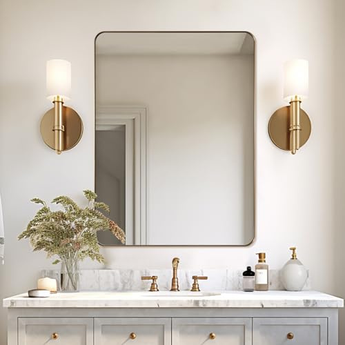 ANDY STAR Gold Bathroom Mirror, 22 x 30 Brushed Brass Metal Wall Mirror, Rounded Rectangle Mirror for Vanity, Framed in Premium Stainless Steel…