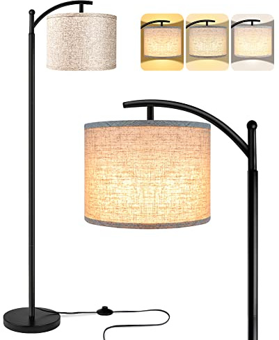 ROTTOGOON Floor Lamp for Living Room with 3 Color Temperatures LED Bulb, Standing Lamp Tall Industrial Floor Lamp Reading for Bedroom, Office (9W LED Bulb, Beige Lampshade Included) -Black