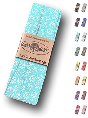 Sandras-Bastelladen Schrägband/Einfassband Baumwolle gefalzt 3m x 20mm - Gänseblümchen Muster 4005-Türkis-Weiß