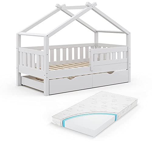 VitaliSpa Hausbett Design, Bett aus Holz, Weiß, 80x160 cm mit Gästebett und Matratze