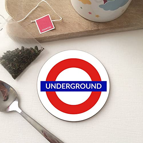 BigBazza Round Circle Wood Gift Coaster Coffee Tea Office Kitchen Novelty Cup Work Mug - UK GB London Underground Train Sign inspired