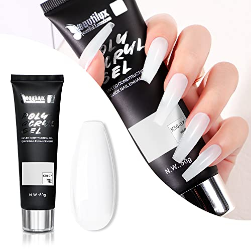 Beautilux Acrylgel für nägel, Weiß Acrylgel Langanhaltendes Nail Art Gel, Quick Extension Nagelverlängerung Natürliches Aussehen Farbe Acrylgel Tube UV Gel Nagelgel für Starter 50ml