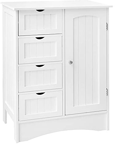 ML-Design Badezimmerschrank Weiß, 55x81x30 cm, Badschrank mit 1 Tür, 4 Schubladen, viel Stauraum, freistehend, Landhausstil, Badkommode aus MDF-Holz, Badezimmer Kommode, Aufbewahrungsschrank Badmöbel