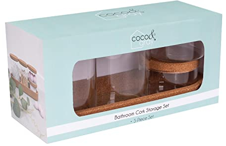 YöL 5 Piece Bathroom Kitchen Glass Storage Organising Jar Tray Set Cork Lid