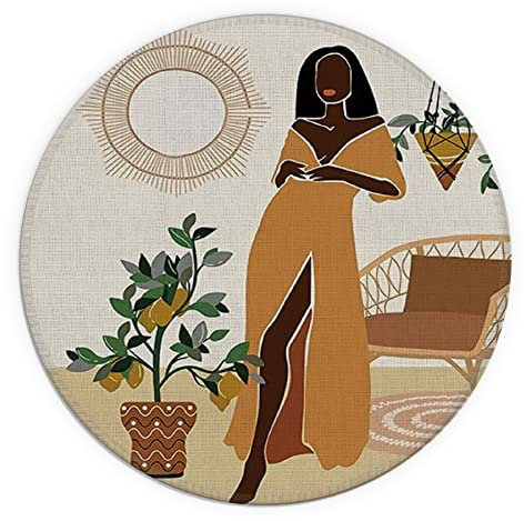 Modernes schwarzes Mauspad für Damen, Boho, Sonnenblatt, wasserdicht, klein, rund, 20 x 20 cm, rutschfeste Gummiunterseite, dekoratives Mauspad für Wohnheim, Büro, Zuhause, Schreibtisch,