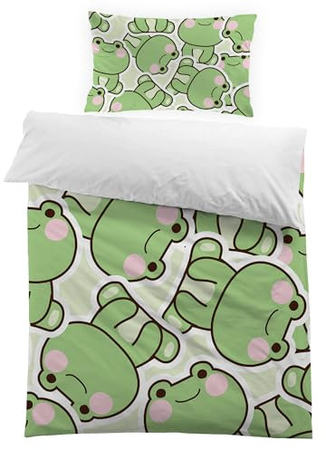 MUSOLEI Cartoon Frog Duvet Cover Set Cute Animal Single Bedding Set for Boys Girls Teens Microfiber Zipper Quilt Cover 135 x 200 cm with 1 Pillowcase 50 x 75 cm