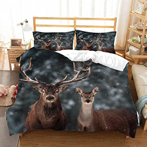 ZAKATO Bettwäsche 135x200 Hirsch 3D Druck Bettwäsche-Sets kuschelig Leicht Mikrofaser 3 Teilig Winter Bettbezüge versteckter Reißverschluss mit 2 Kissenbezug 80x80cm für Kinder Erwachsene