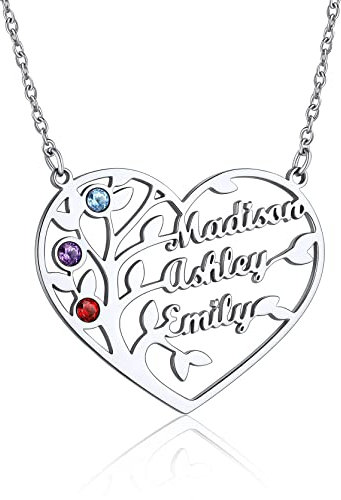 GoldChic Collana Cuore Con Nome Personalizzato Ciondolo Albero della Vita Collana Donna Cuore con Pietra di Nascita Personalizzata con 3 Nomi Collana Donna Acciaio Regalo per Famgia Amica Mamma