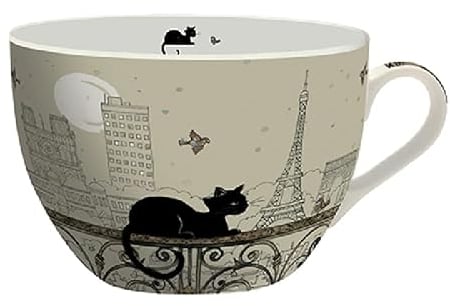 KIUB Bol chat avec une anse - Motif chat couché sur une fenêtre avec aussi la Tour Eiffel de Paris - matière porcelaine fine - contenance 500ML