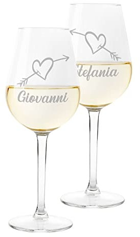Colorfamily Coppia Calici Personalizzati SanValentino Set da 2 calici Vino SanValentino con Nome Cuore Freccia Innamorati Matrimonio Fidanzamento - Bicchiere in Vetro 500 ml