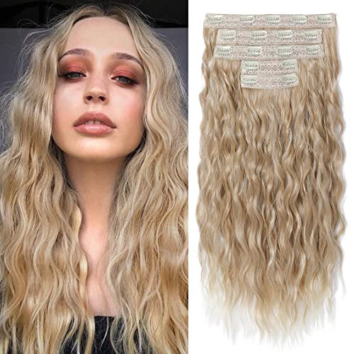 REECHO Haarverlängerungen zum Einclipsen, 5 Teile 60 cm dicke lange lockere Wellen Haarverlängerungen Unsichtbare Spitze Flechte Natürliche weiche Haarteile für Frauen - Dunkelblond mit hellen Enden