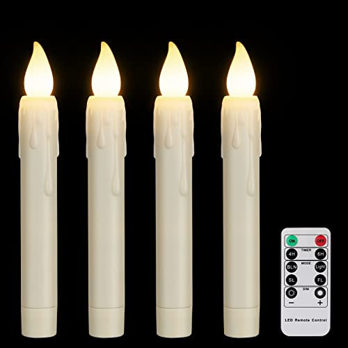yunsheng 4 Stück LED Stabkerzen mit Fernbedienung und Timer, Batteriebetriebene LED Kerzen, Flammenlose Flackernd Spitzkerzen, Fensterkerzen mit Tropfwachs-Optik für Weihnachtsdeko, Elfenbein, 2*17cm
