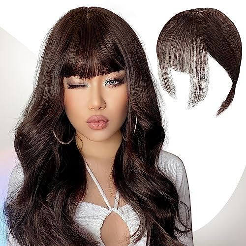 Echthaar Topper Top Haarteile Clip in Pony Haarverlängerung Haarteil, Clip in Fransen Fringe Bangs Verlängerung Haarteil Extensions Bangs natürliche Fringe Dünn Bang für Frauen Mädchen, Dunkelbrau