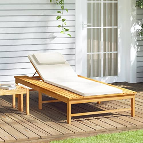 Festnight Sonnenliege aus Holz Outdoor Gartenliege Liegestuhl Relaxliege Sonnenbett Loungebett Terrassenliege mit Cremeweißem Kissen & Auflage