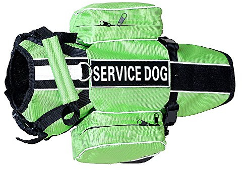 Bbmmayy Service Dog Harness, Saddle Bag Backpack Carrier Outdoor Travel Hiking Camping Harness, Removable Saddle Bags and Patches (Green, L Girth 26-31)