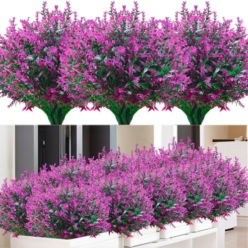 Kinisty 12 Bundles Artificial Lavender Flowers Outdoor, Decorative Fake Flowers UV Resistant Plastic Shrubs Bushes Faux Flowers for Outside Indoor Garden Window Boxes Hanging Basket (Fuchsia)