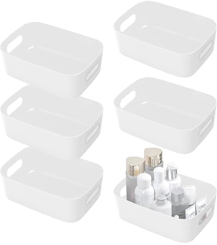 SHEPIN 6 Stück Aufbewahrungsbox Kunststoff Organizer Box Weiß, Organizer Boxen mit Griff, Bad Aufbewahrungsboxen Plastik Aufbewahrungskorb & Behälter Kunststoffkorb für Badezimmer Kosmetik