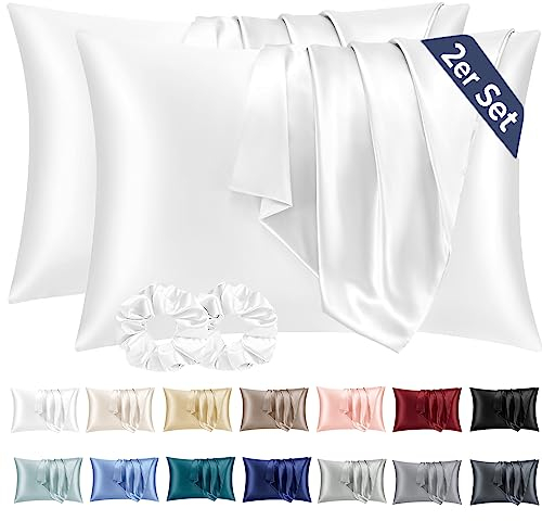 Vielit 2er Set Satin Kissenbezug 50x80, Weich wie Seidenkissenbezug,Bessere Pflege als Silk Pillosecase,Satin Kopfkissenbezug 50x80 Kissenhülle für Haar und Haut mit 2 Haargummis Weiß