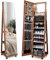 RELAX4LIFE Schmuckschrank mit Ganzkörperspiegel, 3 in 1 Spiegelschrank mit 4 Rädern & 3 farbigen LEDs, 360° Drehbar & Abschließbar, Schmuckorganizer mit 3 Regalen (Braun)