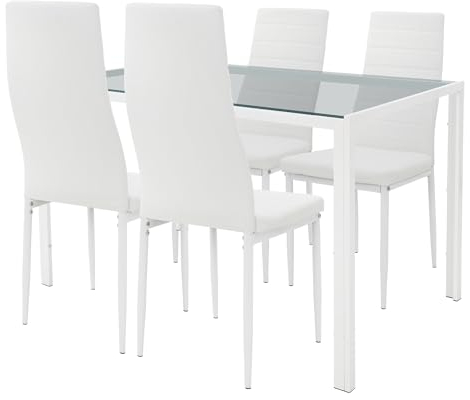 ML-Design Essgruppe 5-tlg für 4 Personen, Weiß, Moderne Esszimmergruppe mit 4 Stühlen, Tisch mit Glasplatte, 4er Set Esszimmerstühle aus Kunstleder mit Esstisch, Esszimmergarnitur für Wohnzimmer/Küche